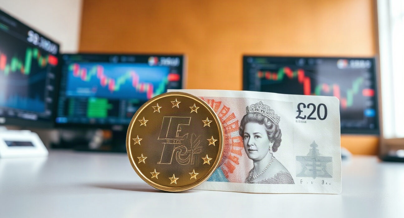 Euro coins and British Pound banknotes on a desk, symbolizing EUR/GBP exchange rate focus