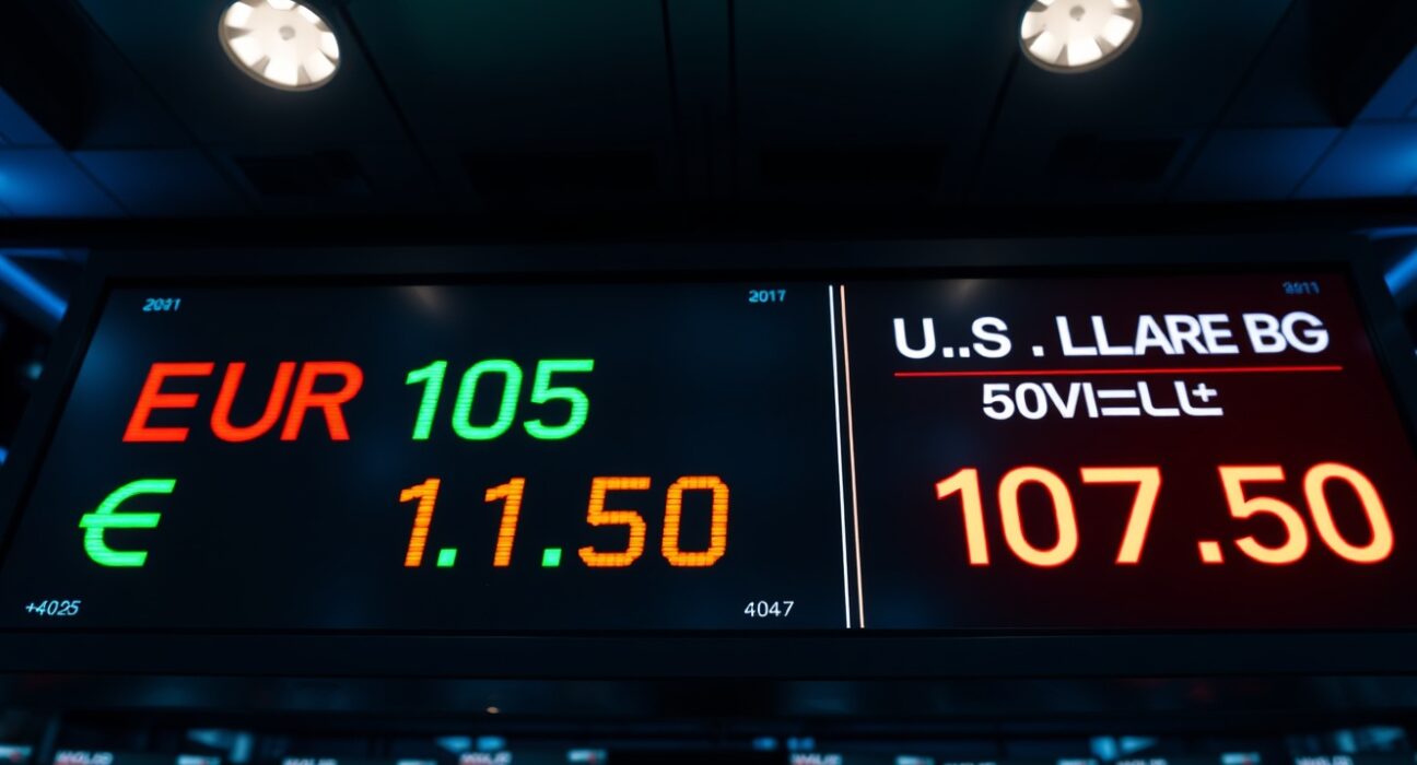 EUR/USD exchange rate board showing 1.05 with U.S. Dollar Index at 107.50 on a trading floor