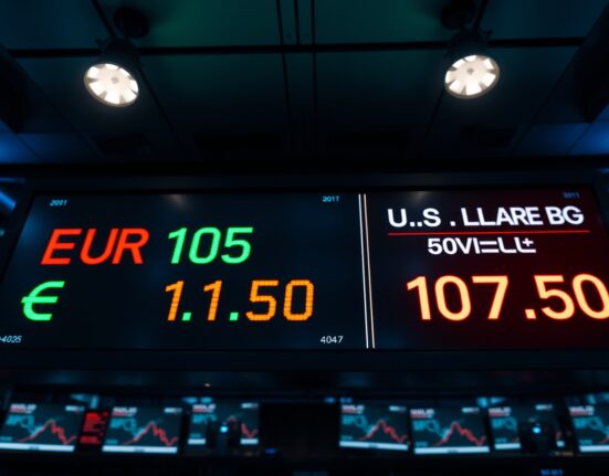 EUR/USD exchange rate board showing 1.05 with U.S. Dollar Index at 107.50 on a trading floor