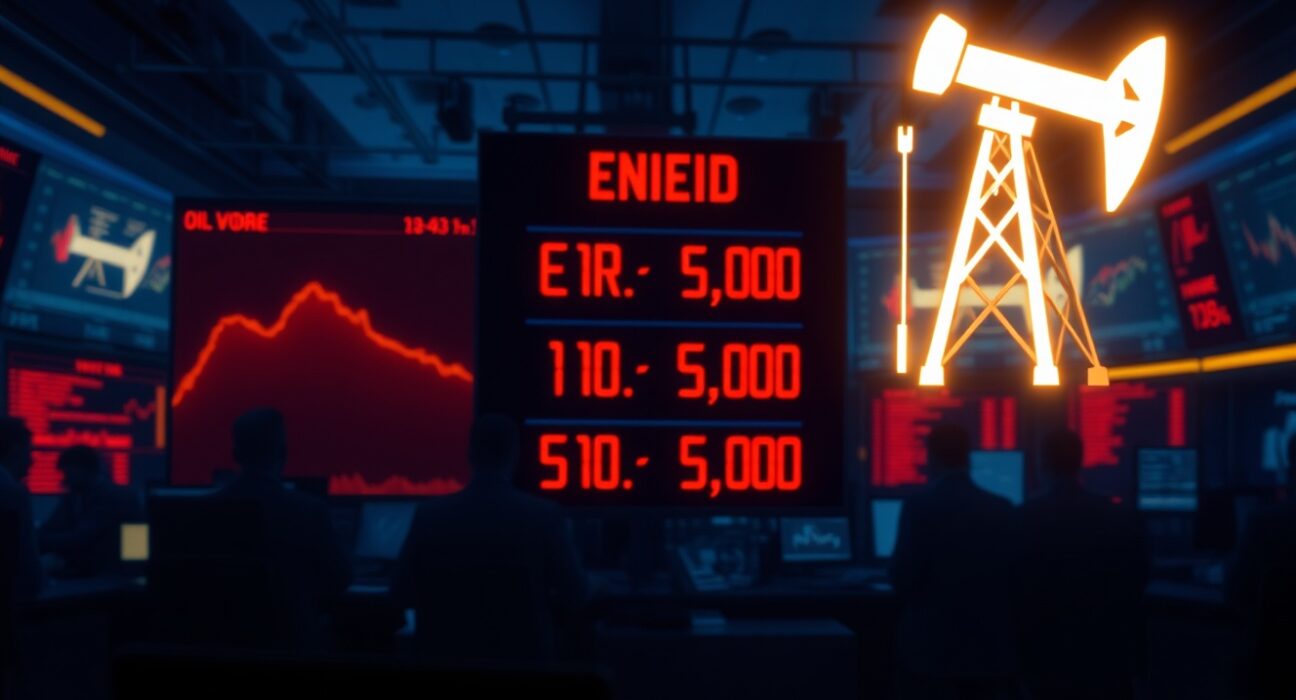 EUR/USD exchange rate board showing decline on a dimly lit trading floor with energy price icon in background.