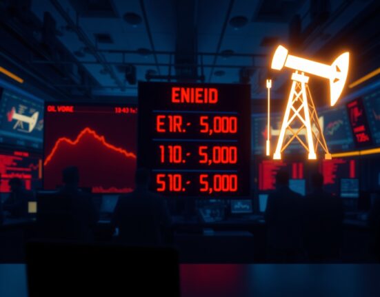 EUR/USD exchange rate board showing decline on a dimly lit trading floor with energy price icon in background.