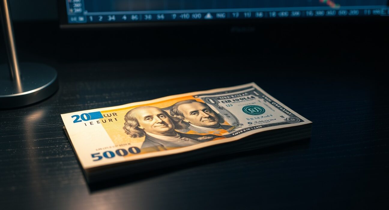 Euro and US dollar banknotes on a desk, symbolizing the EUR/USD exchange rate and central bank policy divergence.