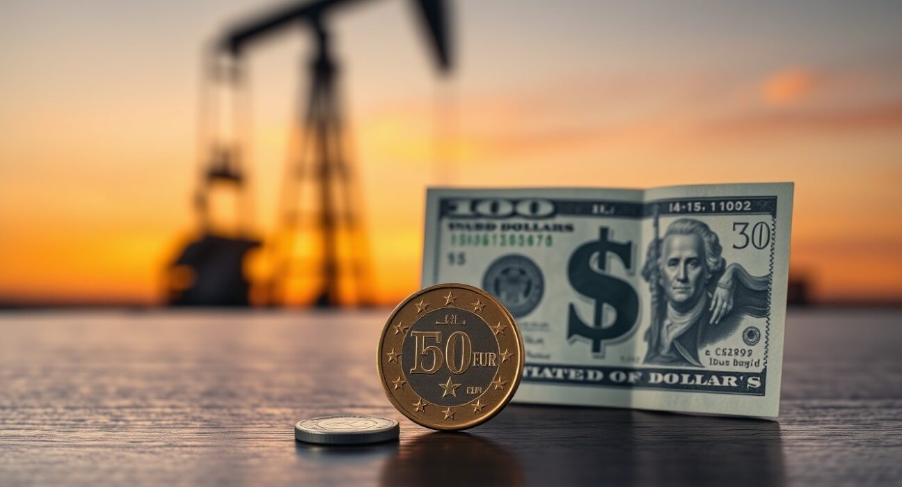 Euro coin and US dollar bill on a wooden surface with oil derrick silhouette in background