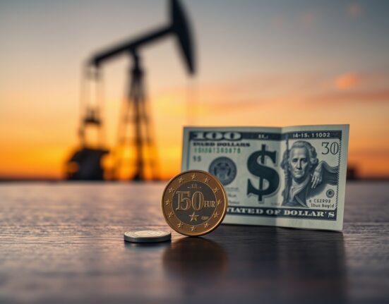 Euro coin and US dollar bill on a wooden surface with oil derrick silhouette in background