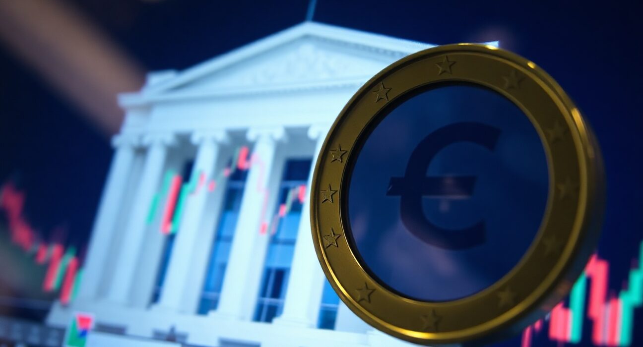 Euro currency symbol on a financial screen with charts in background