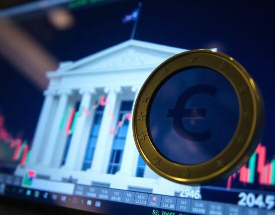 Euro currency symbol on a financial screen with charts in background