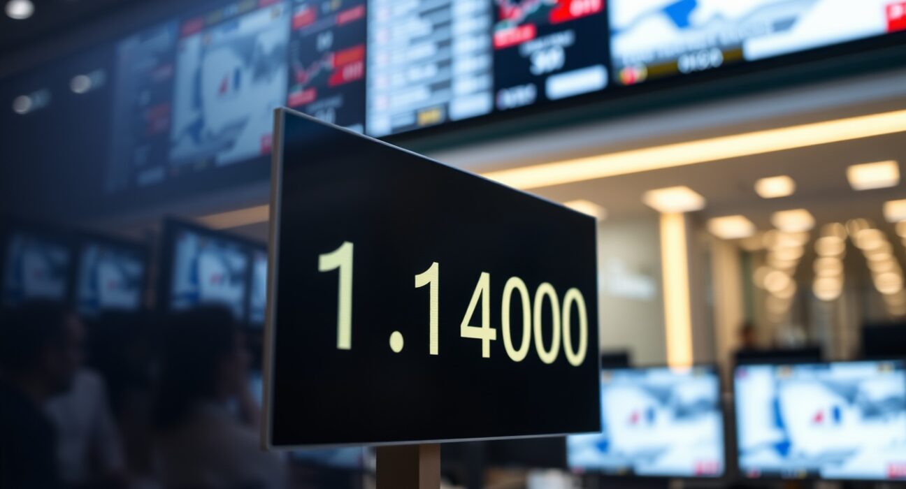 EUR/USD exchange rate display at 1.1400 on a trading floor screen