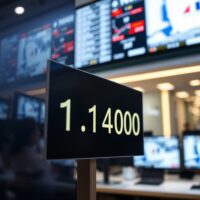 EUR/USD exchange rate display at 1.1400 on a trading floor screen