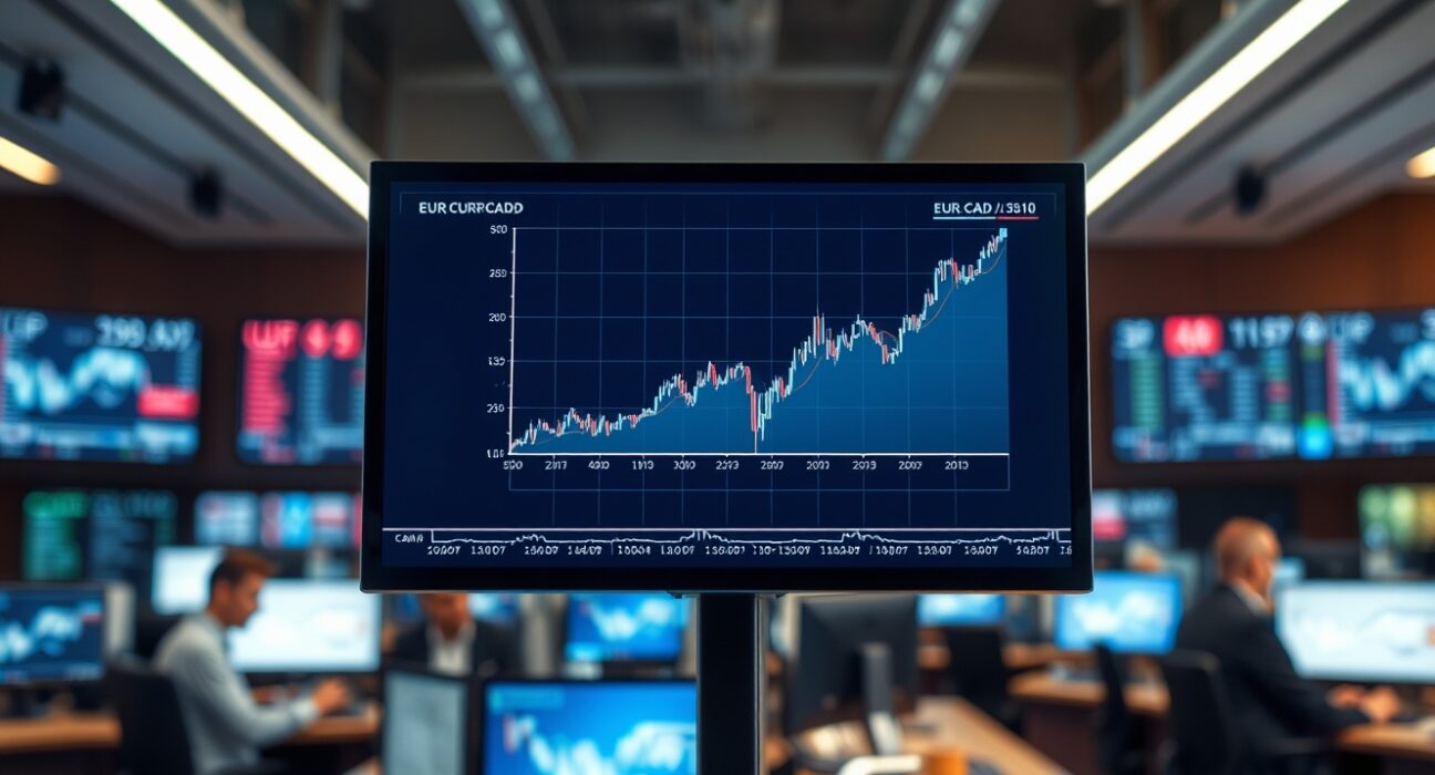 A financial chart on a monitor showing the EUR/CAD currency pair with a steadying trend.