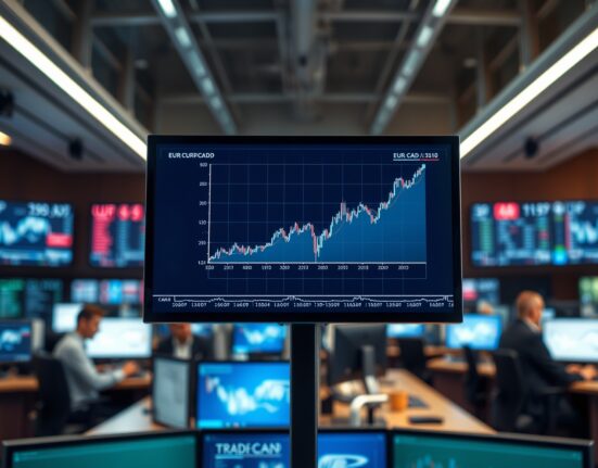 A financial chart on a monitor showing the EUR/CAD currency pair with a steadying trend.