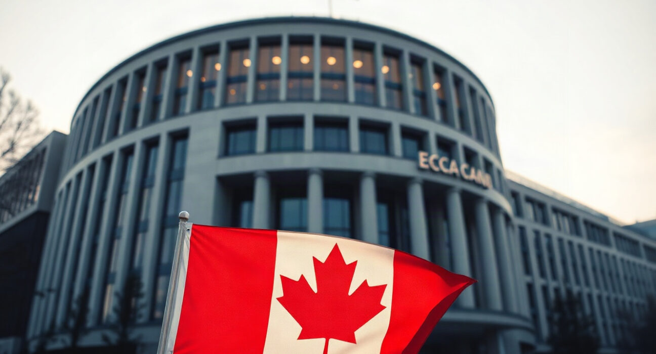 European Central Bank building in Frankfurt with Canadian flag elements, symbolizing EUR/CAD exchange rate movements.