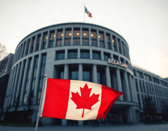 European Central Bank building in Frankfurt with Canadian flag elements, symbolizing EUR/CAD exchange rate movements.
