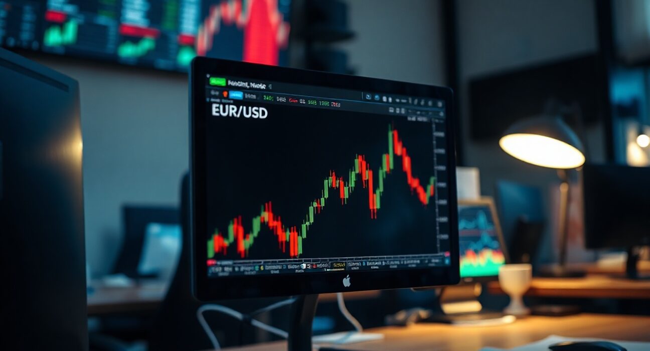 EUR/USD chart on a trading monitor in a dimly lit room, reflecting market caution before US CPI release.
