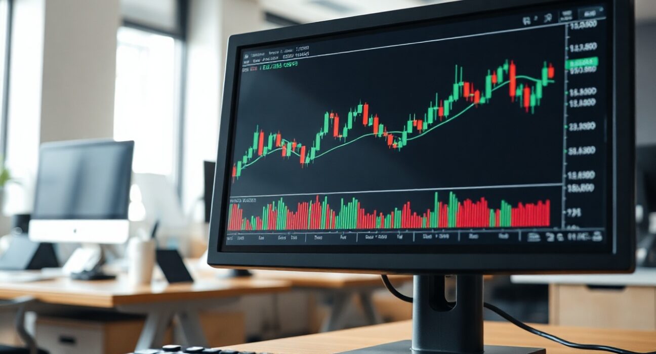 EUR/GBP trading chart on a monitor in a modern office