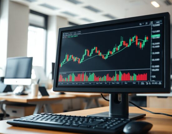 EUR/GBP trading chart on a monitor in a modern office