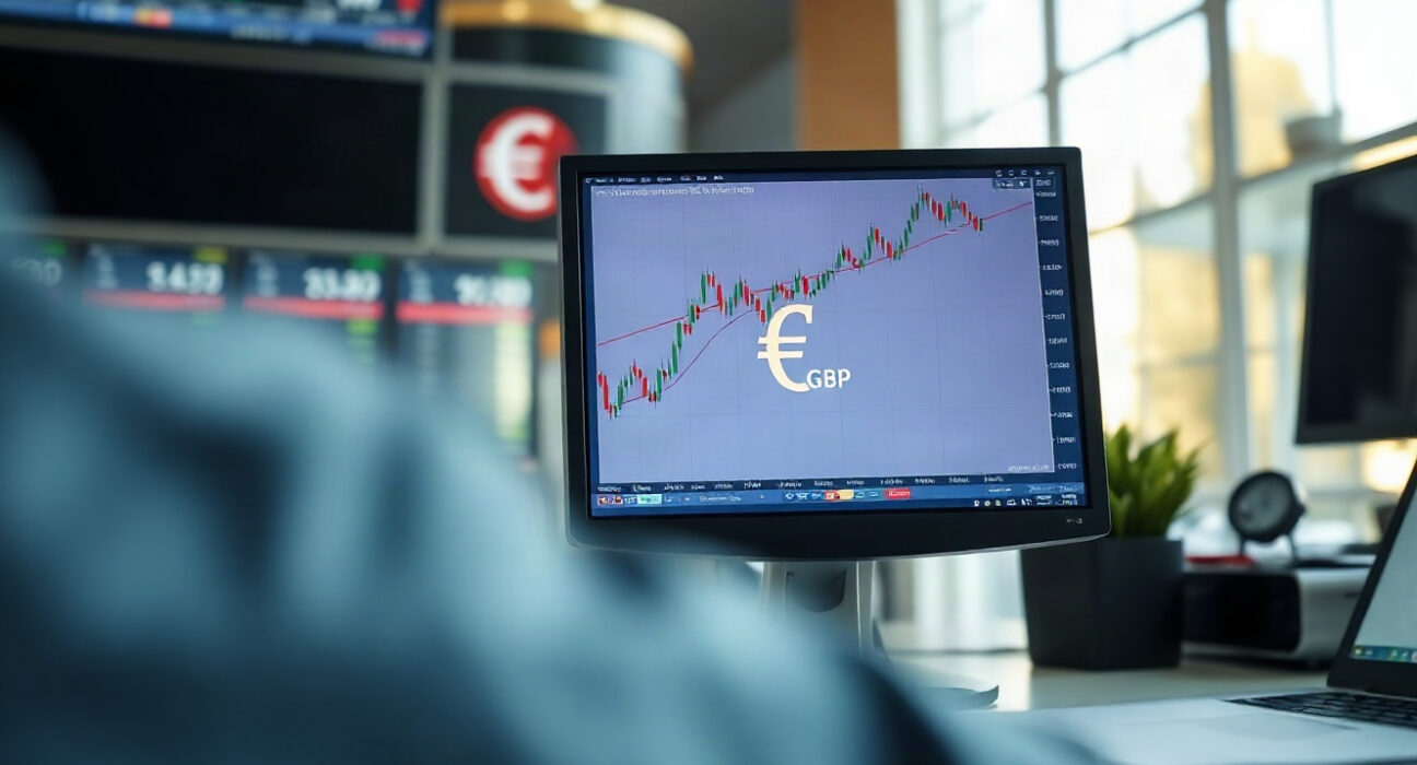 EUR/GBP chart on a monitor in a professional trading environment