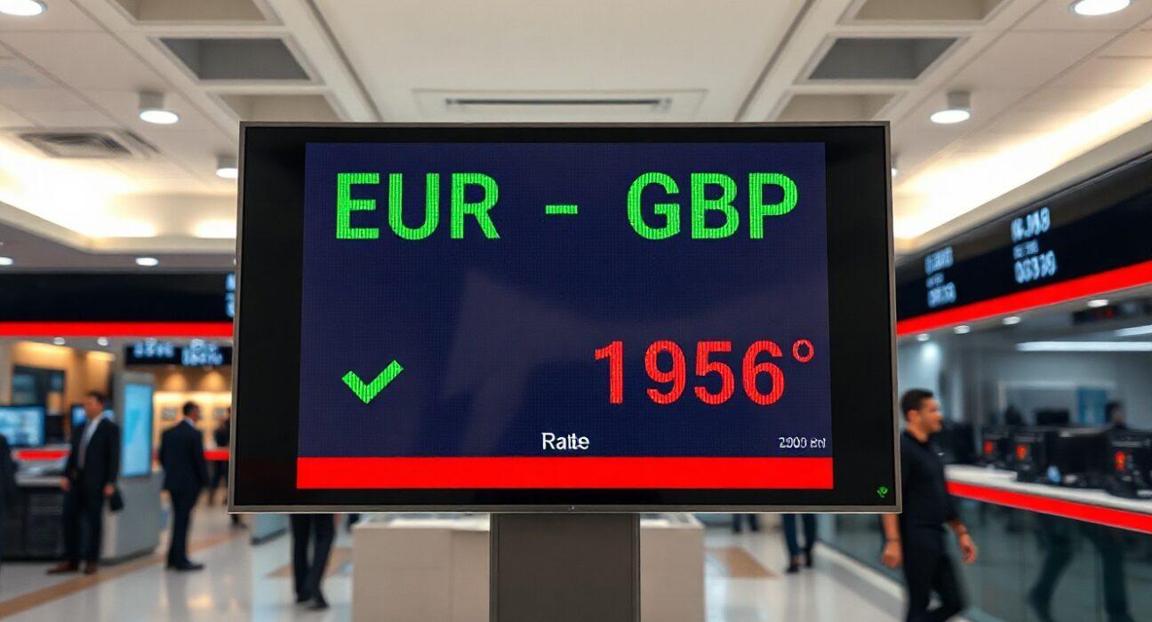 Electronic exchange board showing EUR/GBP rate in a modern financial trading environment
