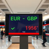 Electronic exchange board showing EUR/GBP rate in a modern financial trading environment