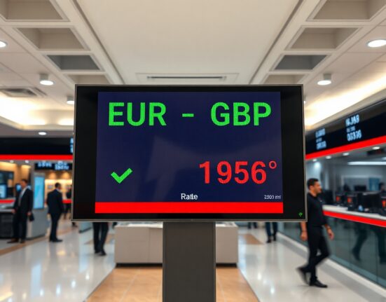 Electronic exchange board showing EUR/GBP rate in a modern financial trading environment