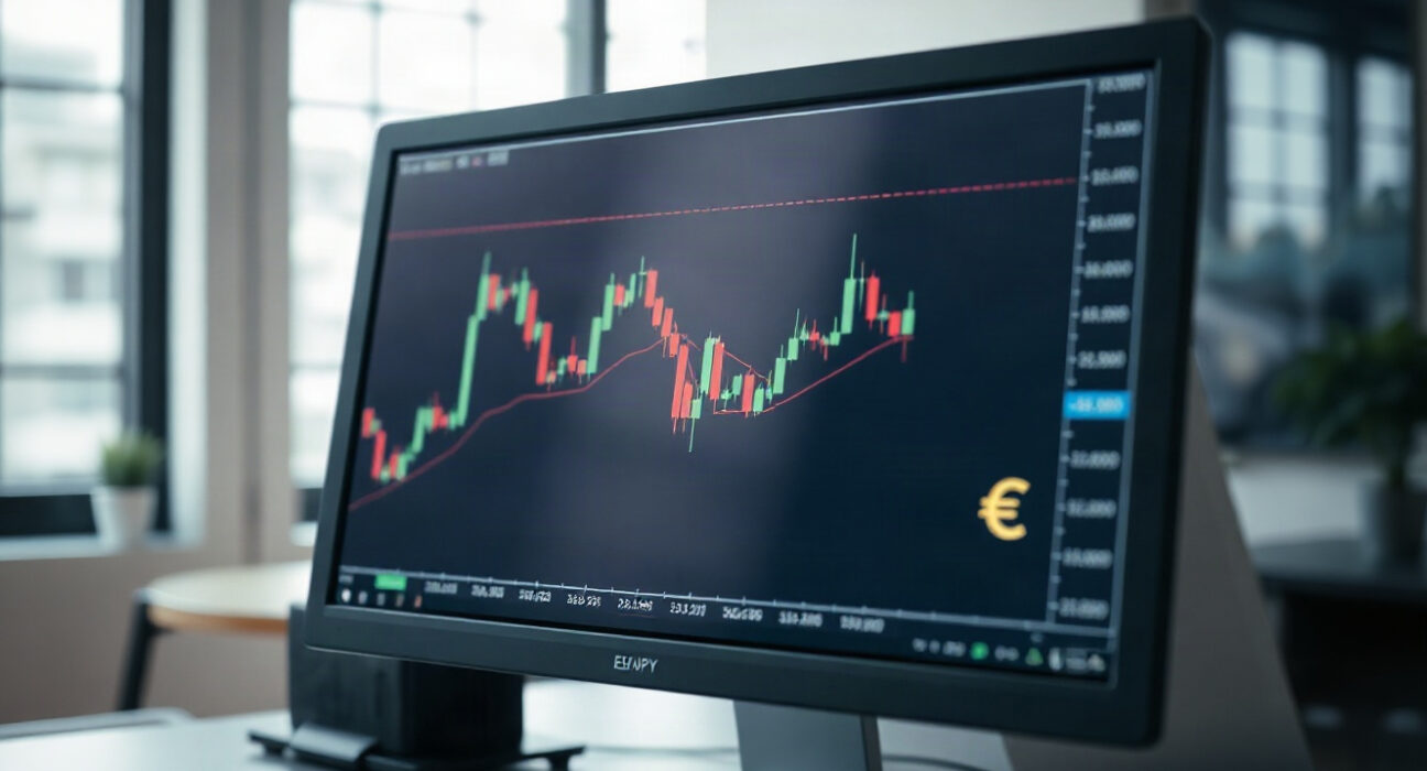 EUR/JPY chart on a trading screen with Euro and Yen symbols in background