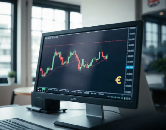 EUR/JPY chart on a trading screen with Euro and Yen symbols in background