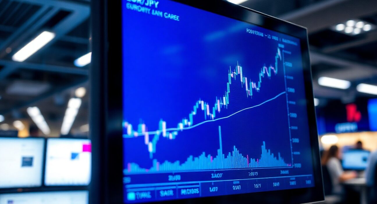 EUR/JPY currency chart on a trading floor screen, showing a steady uptrend.