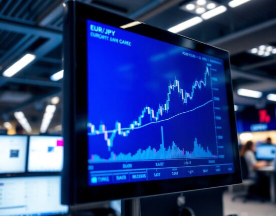 EUR/JPY currency chart on a trading floor screen, showing a steady uptrend.