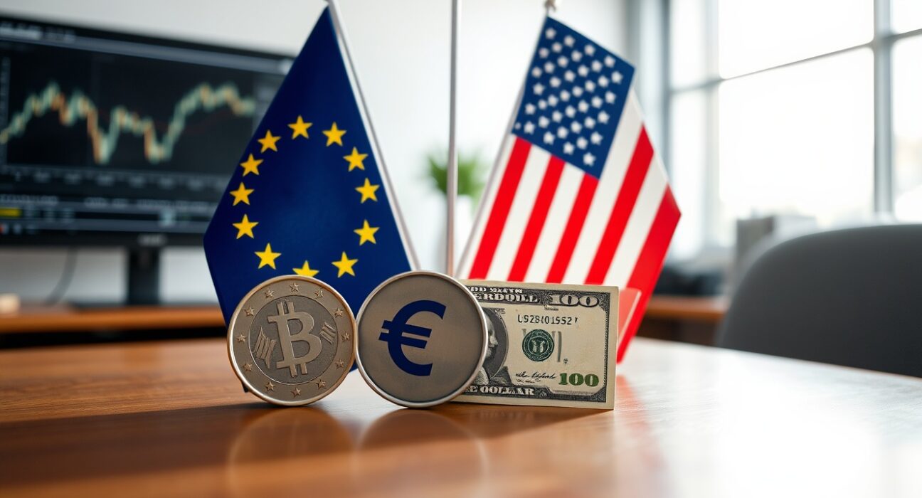 Euro and US dollar currency symbols with flags in background, representing forex market stability