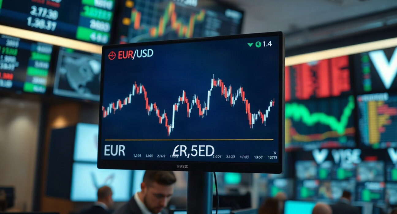 Euro and US dollar exchange rate chart on trading screen