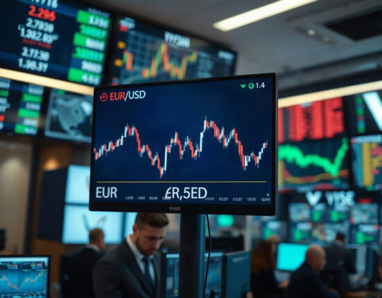 Euro and US dollar exchange rate chart on trading screen