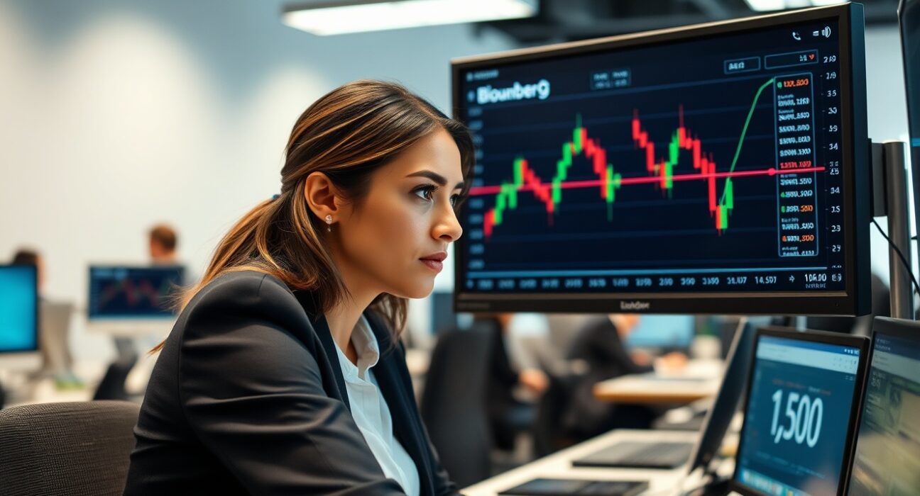 Professional trader analyzes the Euro exchange rate chart showing strength near 1.1700 on a trading desk.