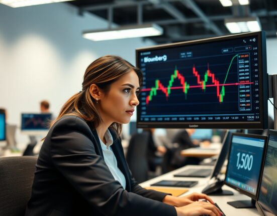 Professional trader analyzes the Euro exchange rate chart showing strength near 1.1700 on a trading desk.