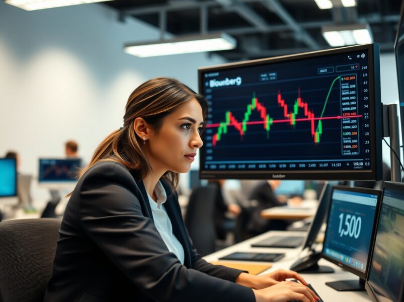 Professional trader analyzes the Euro exchange rate chart showing strength near 1.1700 on a trading desk.