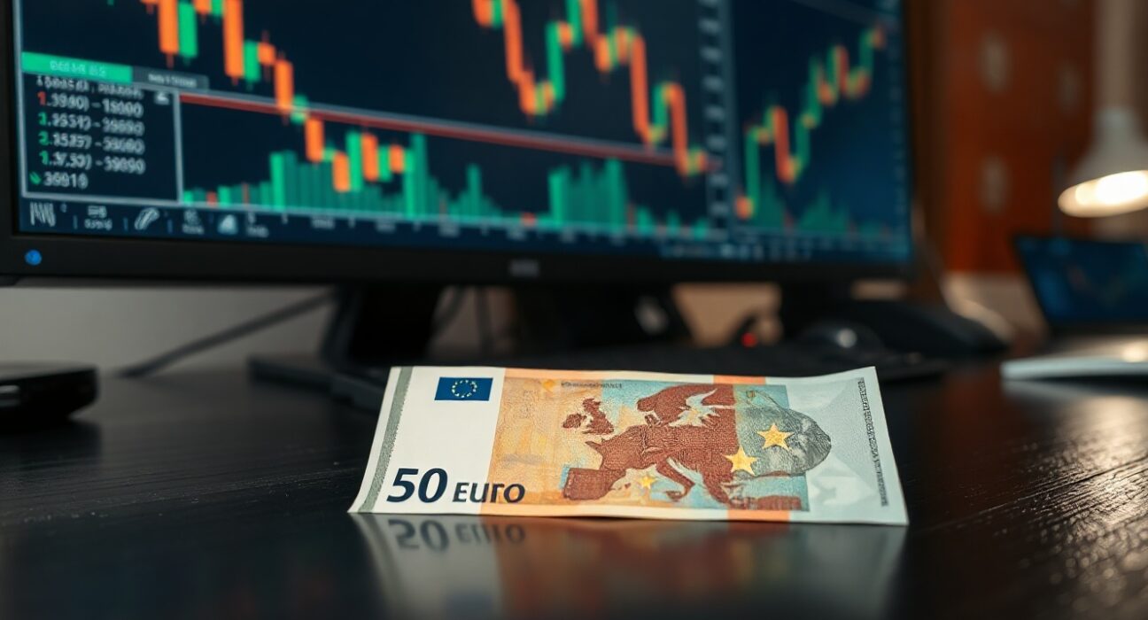 Euro banknotes on a desk with financial charts in the background, representing currency market stability.