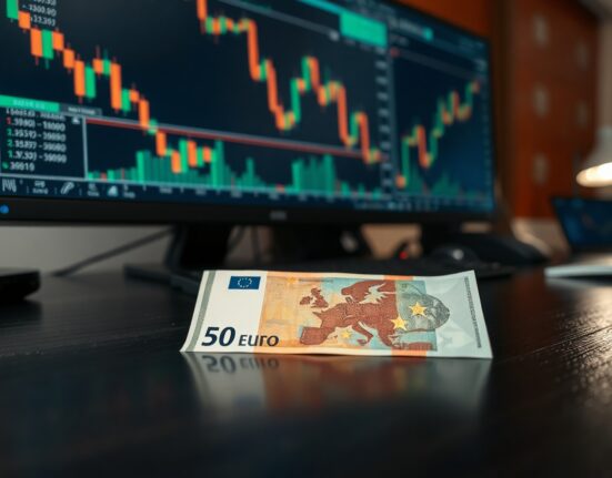 Euro banknotes on a desk with financial charts in the background, representing currency market stability.