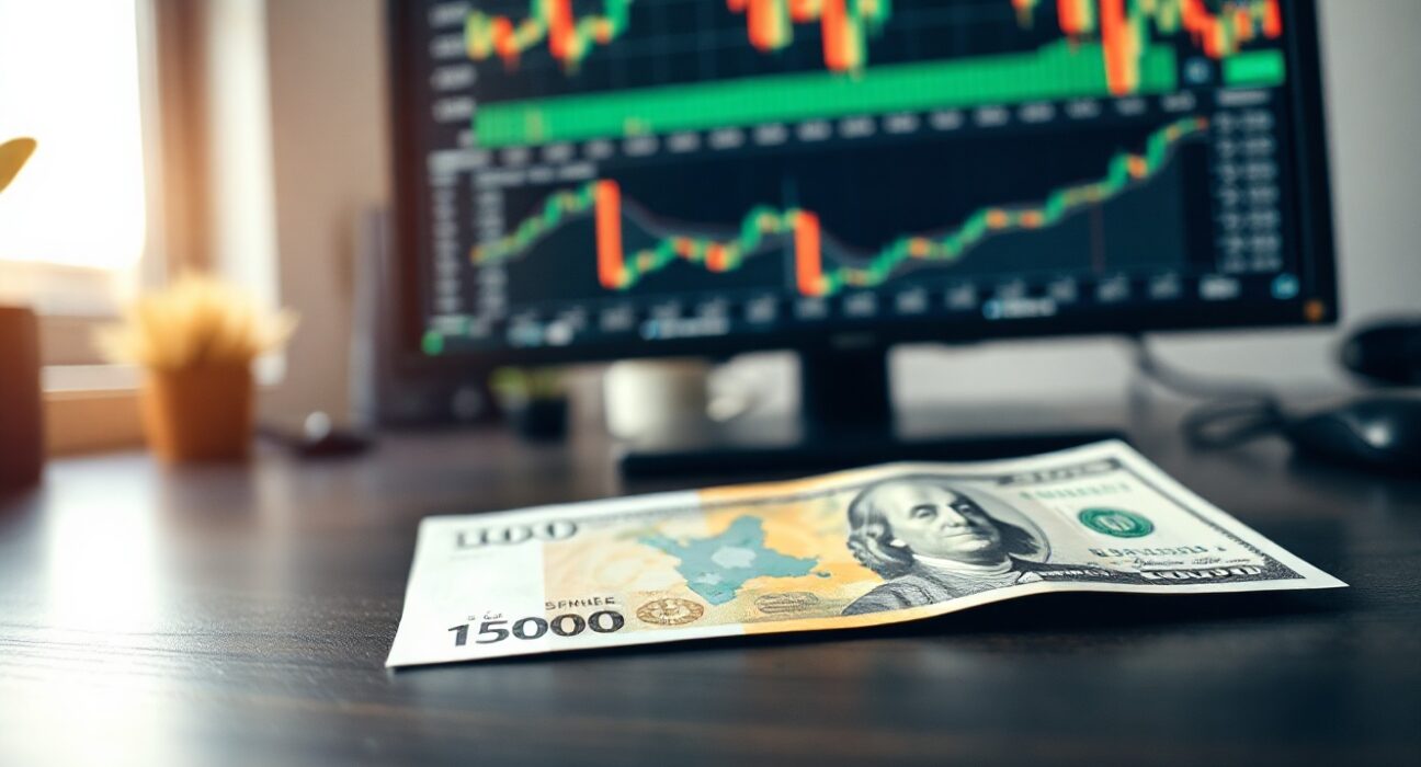 Euro and US dollar banknotes on a desk with a financial chart in the background