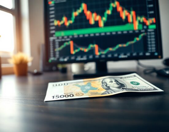 Euro and US dollar banknotes on a desk with a financial chart in the background