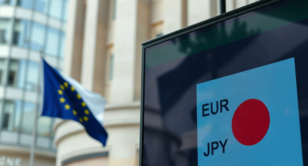Euro and yen currency symbols on a trading screen with central bank flags in background