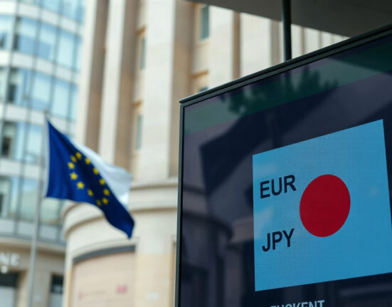 Euro and yen currency symbols on a trading screen with central bank flags in background