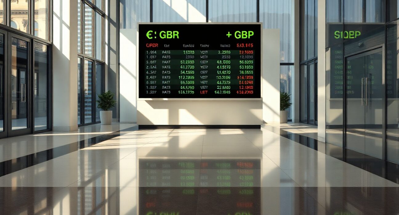 Currency exchange board showing EUR/GBP rates in a modern financial district lobby