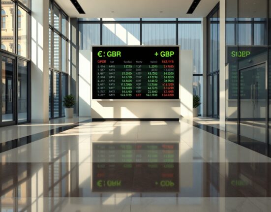 Currency exchange board showing EUR/GBP rates in a modern financial district lobby