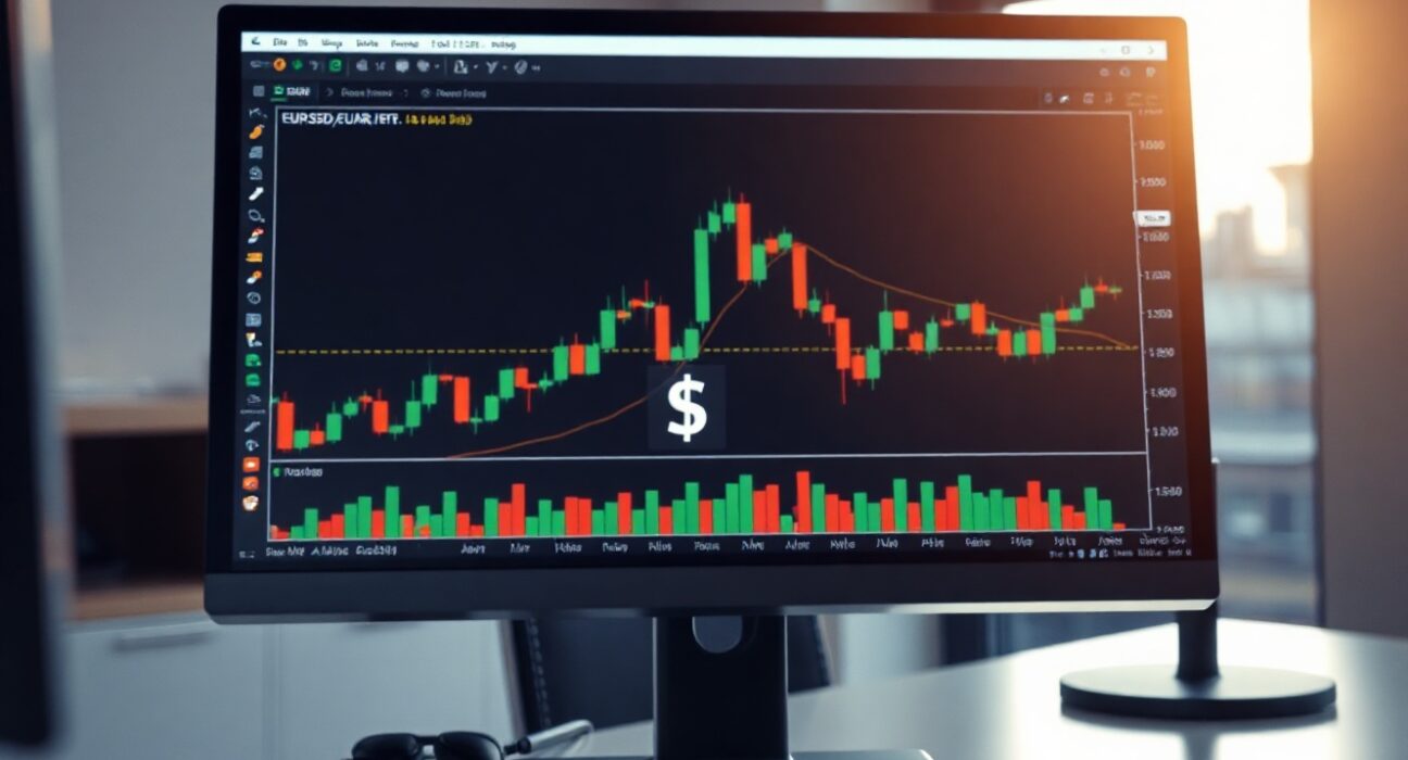 Euro and US dollar exchange rate chart on a trading screen