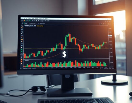 Euro and US dollar exchange rate chart on a trading screen