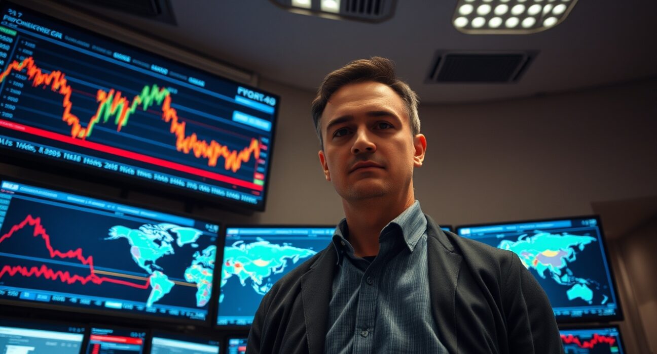 Trader monitoring EUR/USD exchange rate charts on multiple screens in a modern financial trading floor.
