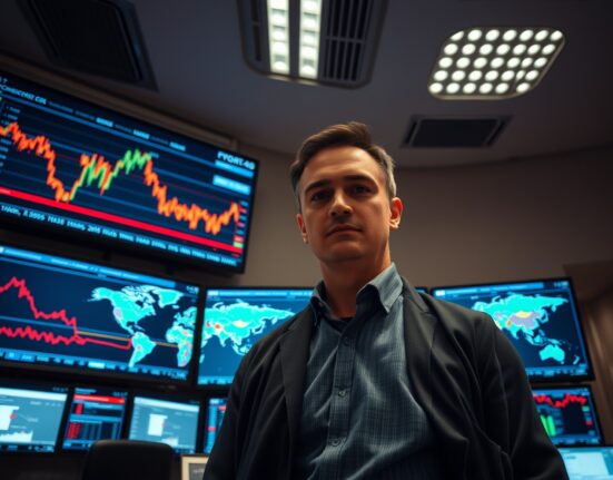 Trader monitoring EUR/USD exchange rate charts on multiple screens in a modern financial trading floor.