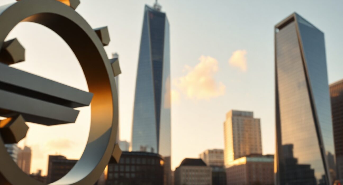 Euro currency symbol in foreground with financial district skyline in background during golden hour
