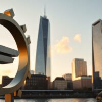 Euro currency symbol in foreground with financial district skyline in background during golden hour