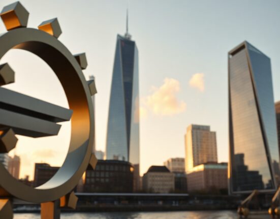 Euro currency symbol in foreground with financial district skyline in background during golden hour