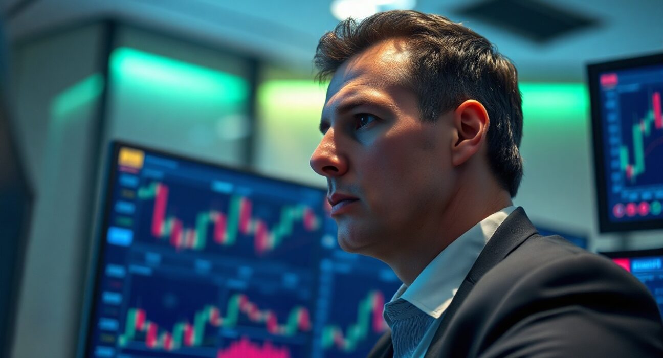 Trader monitoring EUR/USD charts on multiple screens in a modern trading floor