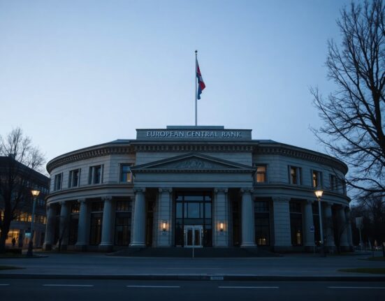 European Central Bank building in Frankfurt at dusk, representing euro currency stability amid geopolitical tensions.